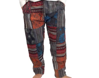 Handmade Black Patchwork Pants: Thick Cotton, Unisex Boho Style