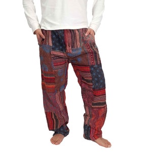 Mens Red Patchwork Pants Handmade Thick Cotton Hippie Boho Yoga Comfy Unisex Summer Hippy Bohemian Sustainable