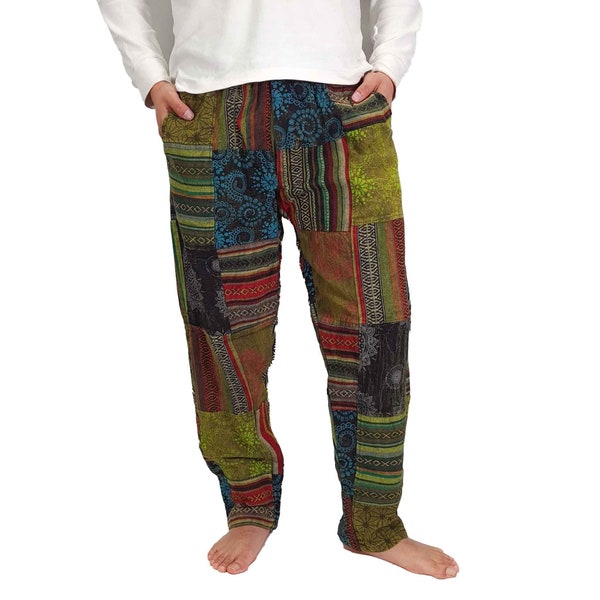 Mens Green Patchwork Pants Handmade Thick Cotton Hippie Boho Yoga Comfy Unisex Summer Hippy Bohemian Sustainable