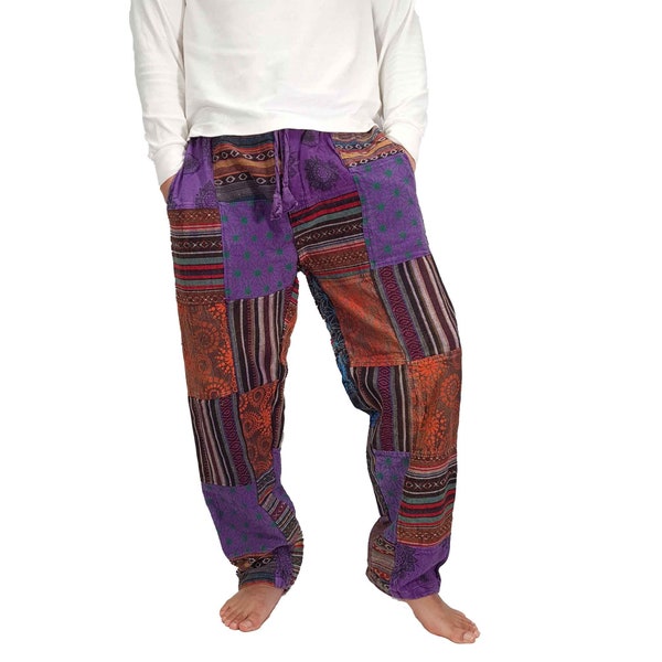 Mens Purple Patchwork Pants Handmade Thick Cotton Hippie Boho Yoga Comfy Unisex Summer Hippy Bohemian Sustainable