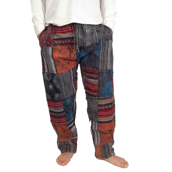 Heren zwarte patchwork broek handgemaakt dik katoen hippie boho yoga comfortabel unisex zomer hippie boho duurzaam