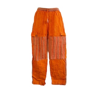 Mens Orange Cargo Pants Handmade Cotton Hippie Boho Yoga Comfy Unisex Summer Hippy Bohemian Sustainable
