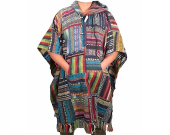 Patchwork Poncho Festival Hippie Colourful Boho Mexican Hippy Baja Outdoor Cotton Camping Handmade in Nepal