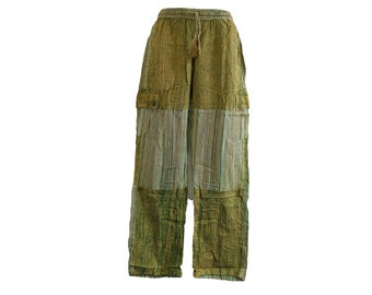 Handmade Green Cotton Cargo Pants - Stonewashed Hippie Boho
