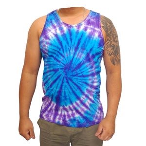 May include: A blue and purple tie-dye tank top with a spiral pattern.