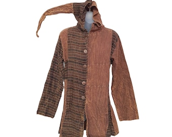 Handmade Brown Cotton Pixie Hood Jacket - Women's Hippie Coat