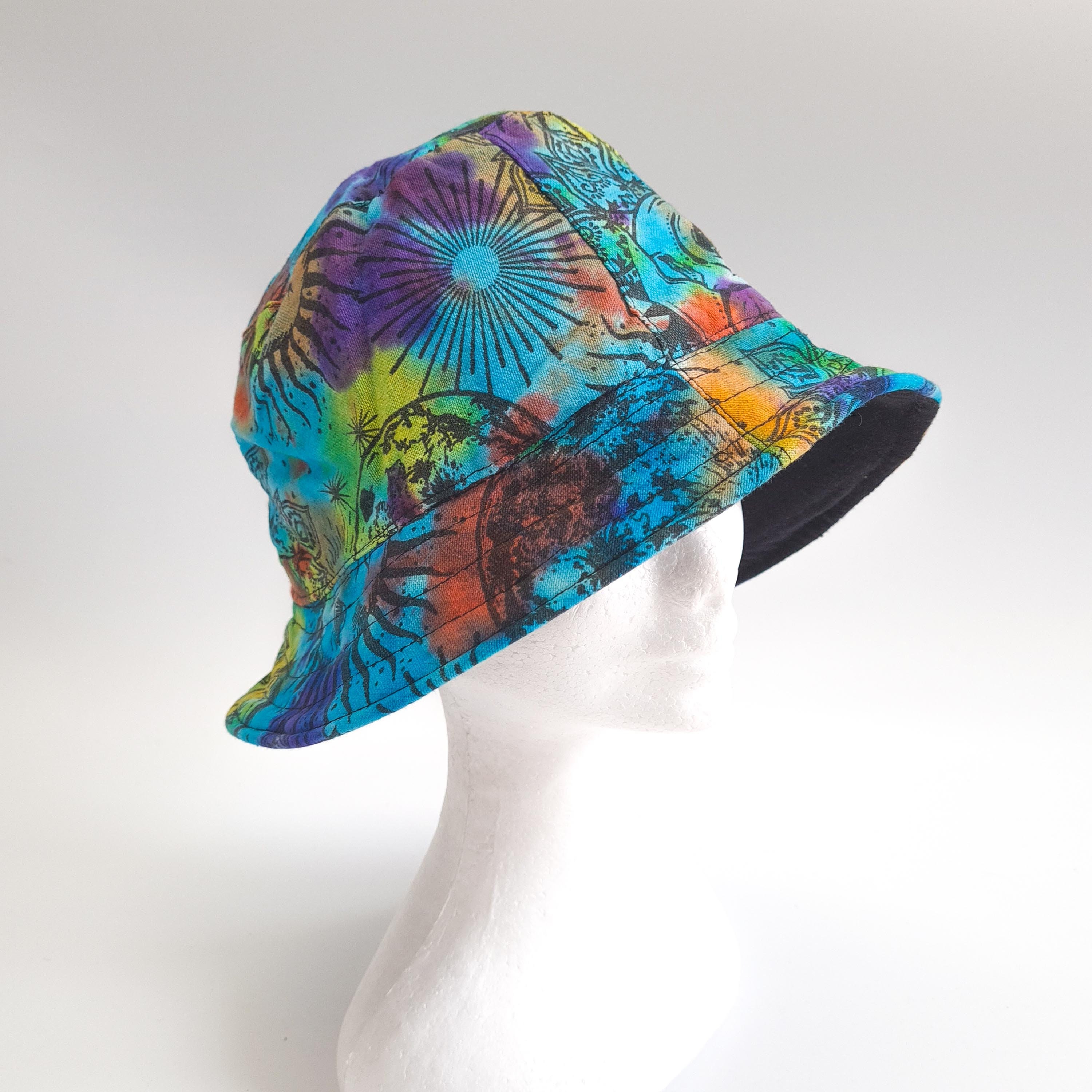 Custom Hand Tie-Dye Blue Moon Sun Hat OS Whimsical peacock hat with color shifting detailings and the  main image 3