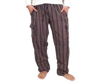 Mens Brown Striped Pants Cargo Handmade Cotton Hippie Yoga Comfy Unisex Summer Hippy