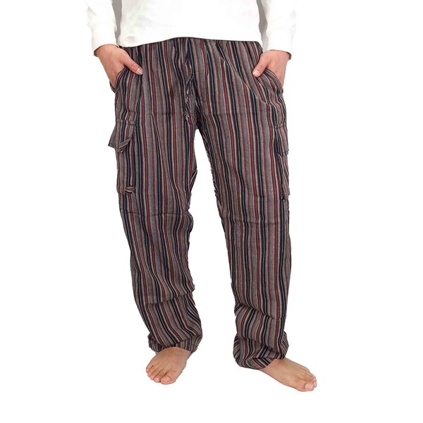 Mens Brown Striped Pants Cargo Handmade Cotton Hippie Yoga Comfy Unisex Summer Hippy