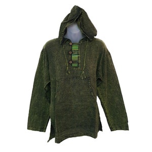 Mens Green Stonewashed Boho Hoodie Jumper Handmade Hippie Festival Ethnic