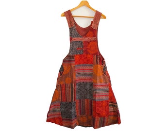 Womens Red Patchwork Pinafore Dress Hippie Boho Summer Hippy Bohemian Festival