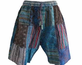 Mens Blue Black Patchwork Shorts Handmade Thick Cotton Hippie Boho Yoga Comfy Unisex Summer Hippy Bohemian Sustainable