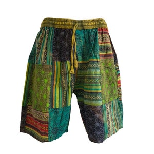 Mens Green Patchwork Shorts Handmade Thick Cotton Hippie Boho Yoga Comfy Unisex Summer Hippy Bohemian Sustainable