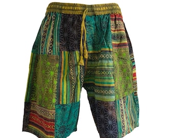 Mens Green Patchwork Shorts Handmade Thick Cotton Hippie Boho Yoga Comfy Unisex Summer Hippy Bohemian Sustainable