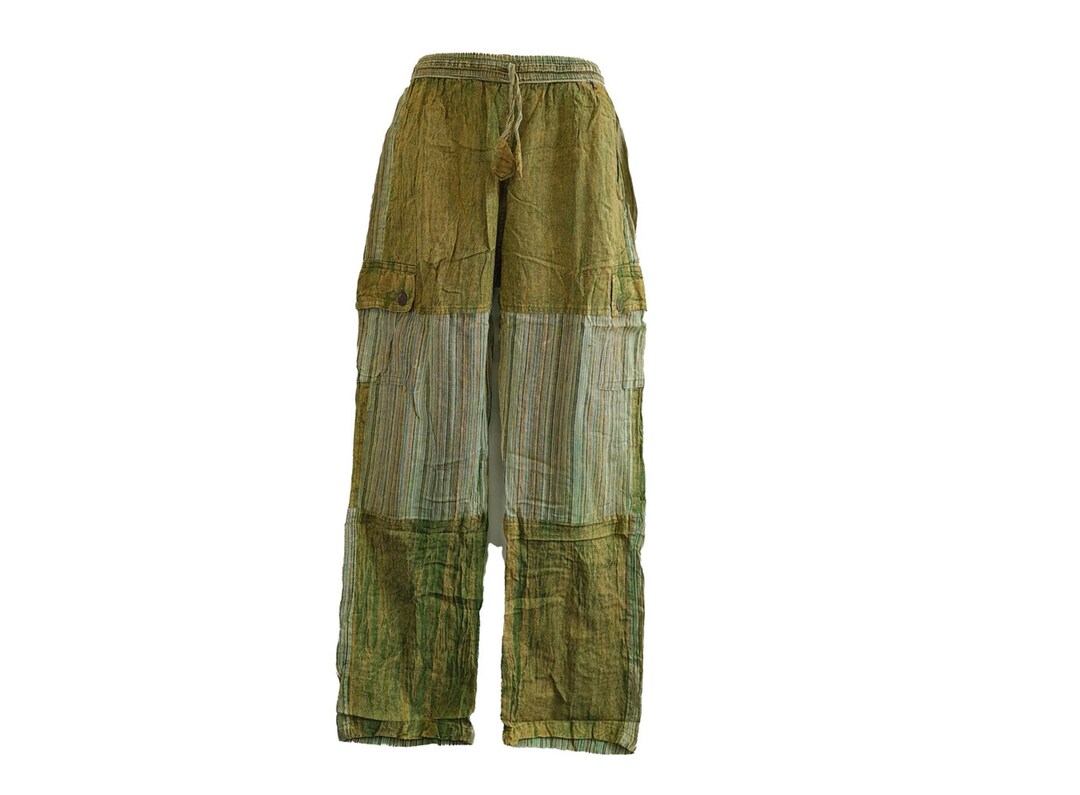 Mens Green Cargo Pants Handmade Cotton Hippie Boho Yoga Comfy Unisex Summer Hippy Bohemian