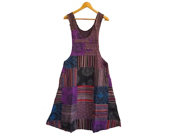 Womens Purple Patchwork Pinafore Dress Hippie Boho Summer Hippy Bohemian Festival