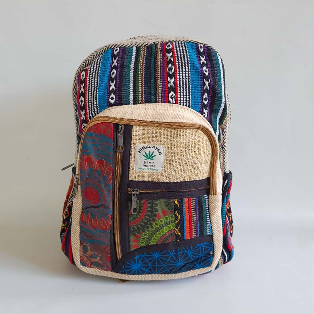 Handmade Multicoloured Hemp Backpack: Nepal Hippie Travel  display picture 3