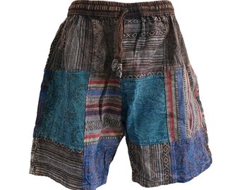 Handmade Patchwork Cotton Shorts: Black & Blue Boho Hippie Style