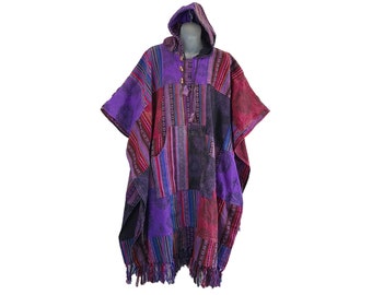 Handmade Patchwork Poncho Purple Nepal Hood Mexican Colourful Boho Festival Hippy Hippie Baja Outdoor Cotton Extra Thick