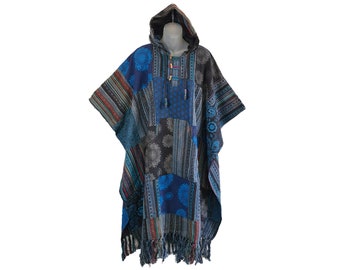 Handmade Patchwork Poncho Blue Black Nepal Hood Mexican Colourful Boho Festival Hippy Hippie Baja Outdoor Cotton Extra Thick