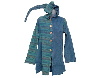 Handmade Cotton Pixie Hood Jacket, Blue Hippie Festival Coat