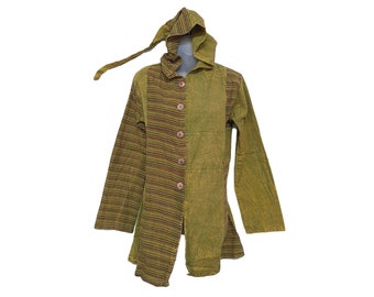 Handmade Cotton Pixie Hood Jacket - Green Hippie Boho Coat