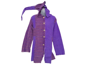 Handmade Purple Pixie Hooded Cotton Jacket, Women's Hippie Festival Coat