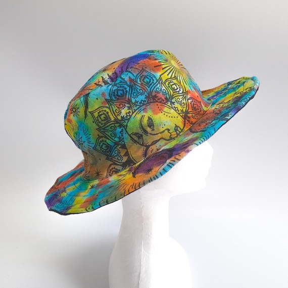 Rainbow Sun & Moon Festival Hat, Handmade Cotton Boho Hippie