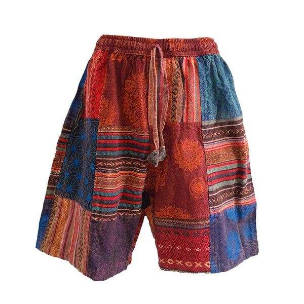 Mens Red Patchwork Shorts Handmade Thick Cotton Hippie Boho Yoga Comfy Unisex Summer Hippy Bohemian Sustainable