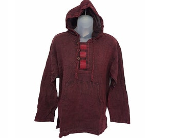 Mens Red Stonewashed Boho Hoodie Jumper Handmade Hippie Festival Ethnic