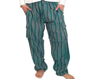 Mens Green Striped Pants Cargo Handmade Cotton Hippie Yoga Comfy Unisex Summer Hippy