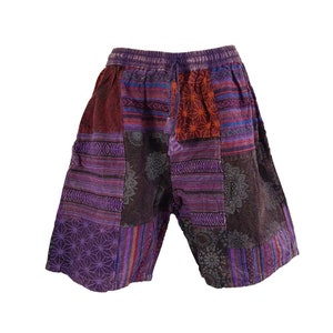 Mens Purple Patchwork Shorts Handmade Thick Cotton Hippie Boho Yoga Comfy Unisex Summer Hippy Bohemian Sustainable