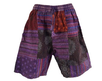 Mens Purple Patchwork Shorts Handmade Thick Cotton Hippie Boho Yoga Comfy Unisex Summer Hippy Bohemian Sustainable