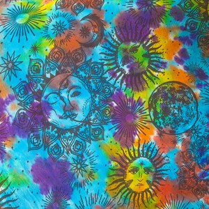 May include: A colorful tie-dye fabric with a repeating pattern of suns, moons, and stars. The fabric is a mix of blue, purple, orange, yellow, and green.