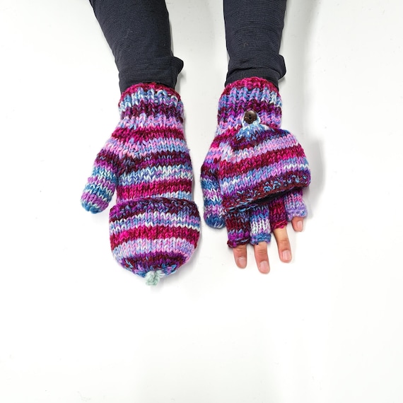 Purple PURE WOOL Gloves HANDKNITTED Warm Winter Fingerless Mittens Nepal Lining Half Finger