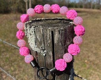 Pink Roses - Valentines day Beaded Collar, Durable Dog Necklace, Dog Pearls, Dog Collar