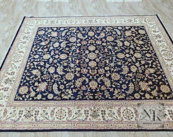 Navy Blue Persian Style Rug, Hand Knotted Silk Wool Floral Medallion Carpet, Made in India, Oriental Area Rug 13/13 160 Knots