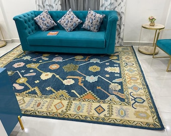 Handgeknüpfter Oushak Teppich in Blau & Gold aus Neuseeland Wolle