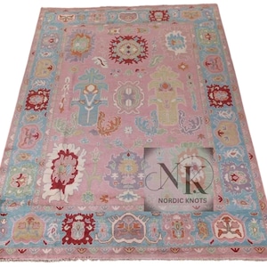 Pastel Oushak Rug: Hand-Knotted Wool Carpet, Vintage-Inspired Bohemian Decor