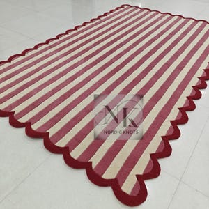 Whimsical Scalloped Stripe Rug-Hand-Tufted Candy Cane Aesthetic-Bold Red & Cream Accent Carpet-Playful Nordic Nursery or Living Room decor.