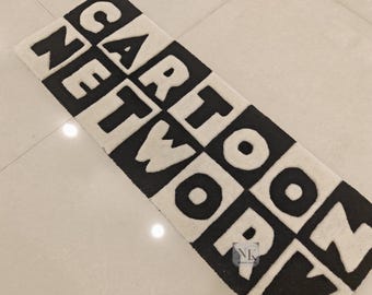 Handmade Cartoon Network Inspired rug-Retro style mat for home decor-Unique Black and Cartoon Logo design-Perfect for Kids rooms, Playrooms.