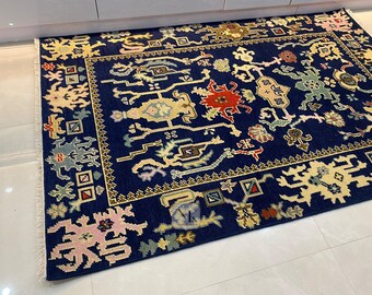 Handgeknüpfter Oushak Teppich: Royal Blau Neuseeland Wolle, Modern Design Home Decor Teppich