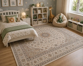Hand Knotted Wool Rug 8x10 Made in India, Persian Nain Style Floral Ivory Area Rug, Traditional Vintage Living Room Carpet