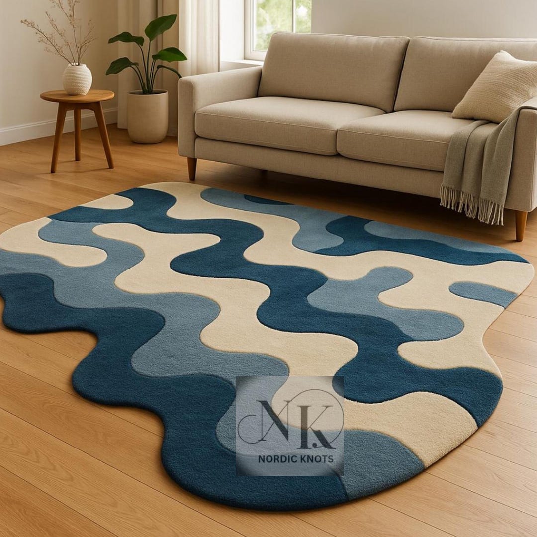 Hand Tufted Wool Area Rug – Blue Beige Abstract Irregular Wave Design ...