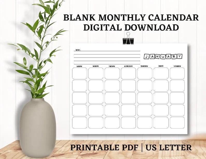Printable Calendar Digital Download Blank Monthly Calendar | Etsy UK