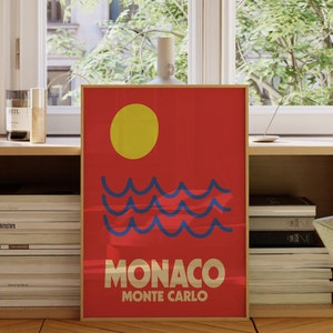 Art de la ville, impression de Monaco, affiche de Monaco, paysage urbain de Monte-Carlo, affiche de la ville, Mid-Century moderne, affiche de voyage, décoration d'intérieur, art mural