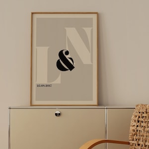 Póster de letras iniciales, inicial, letras impresas, póster de pareja, decoración del hogar, arte de pared, decoración de pared, impresiones tipográficas, nombre impreso personalizado