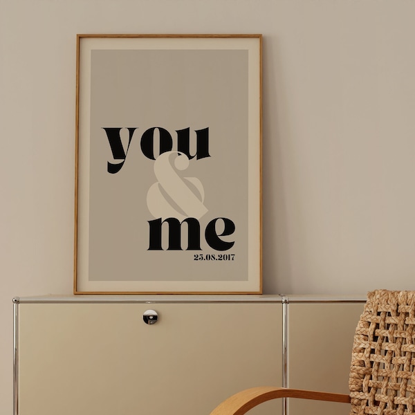 You and Me Poster, Moi et Toi  Print,  Print Letters, Couple poster, Home Decor, Wall Decor, Typography Prints, Personalised Date  Print