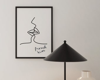 Impresión de arte lineal minimalista: beso francés, decoración de pared en blanco y negro