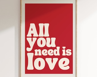 Music Inspired Prints, All You Need Is Love Lyrics Print, Retro, Music, Indie Rock Art, Gig Concert Poster, Boho, 60s Decor, Typography